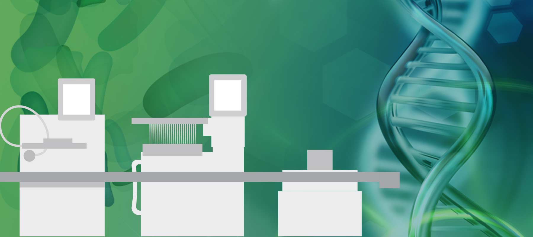 Illustration of DNA, bacteia and lab machine for article of automting life science research.