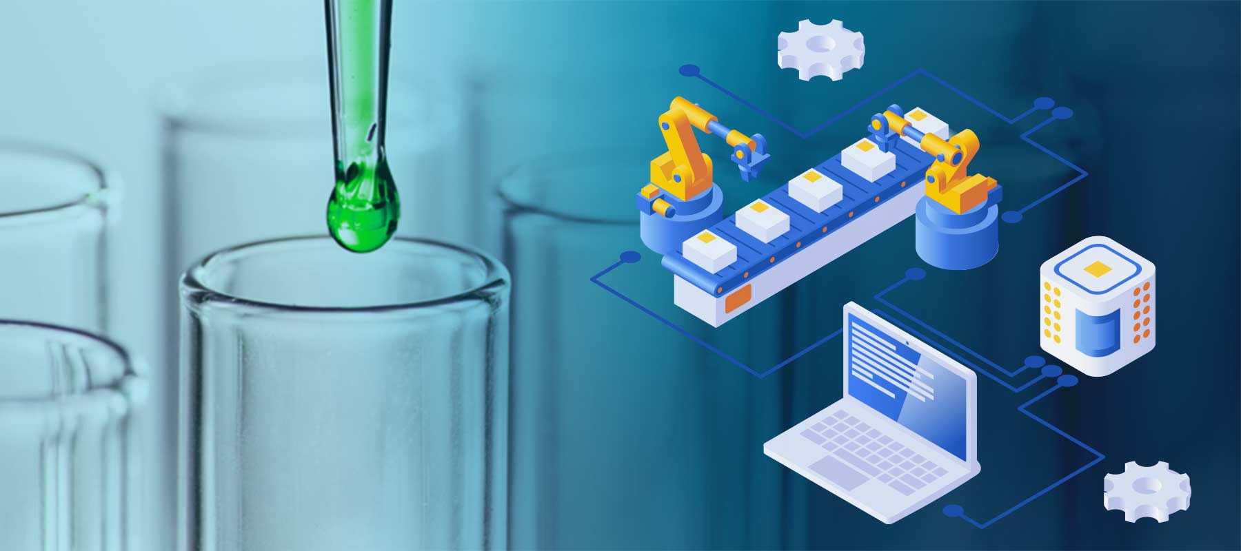 Image of lab and robots for article on laboratory automation.