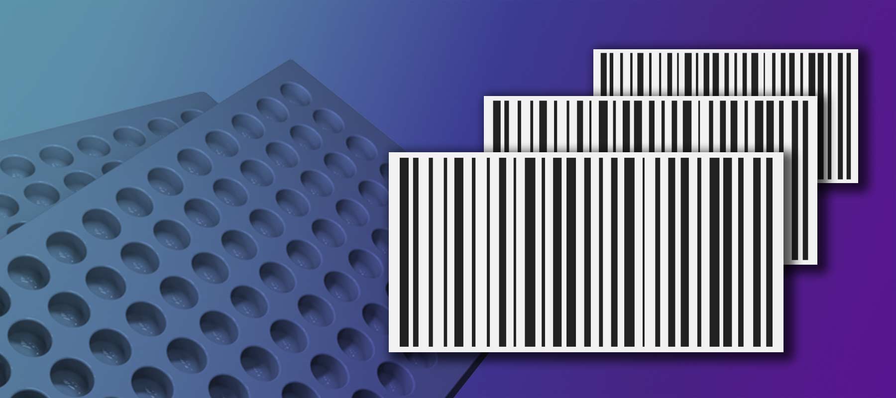 Image of microplates and barcodes for article on automated barcode labeling.