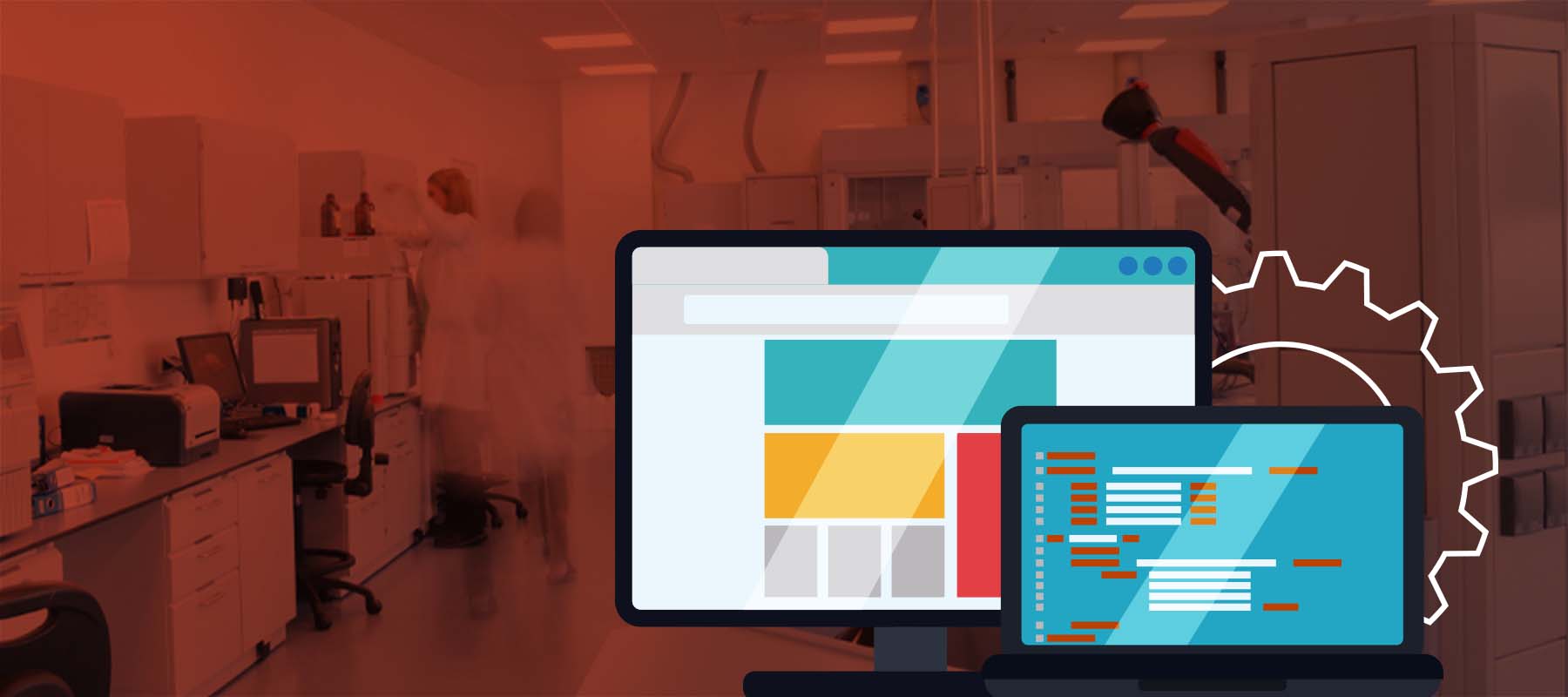 Image of lab and latptop for article on laboratory scheduling software.