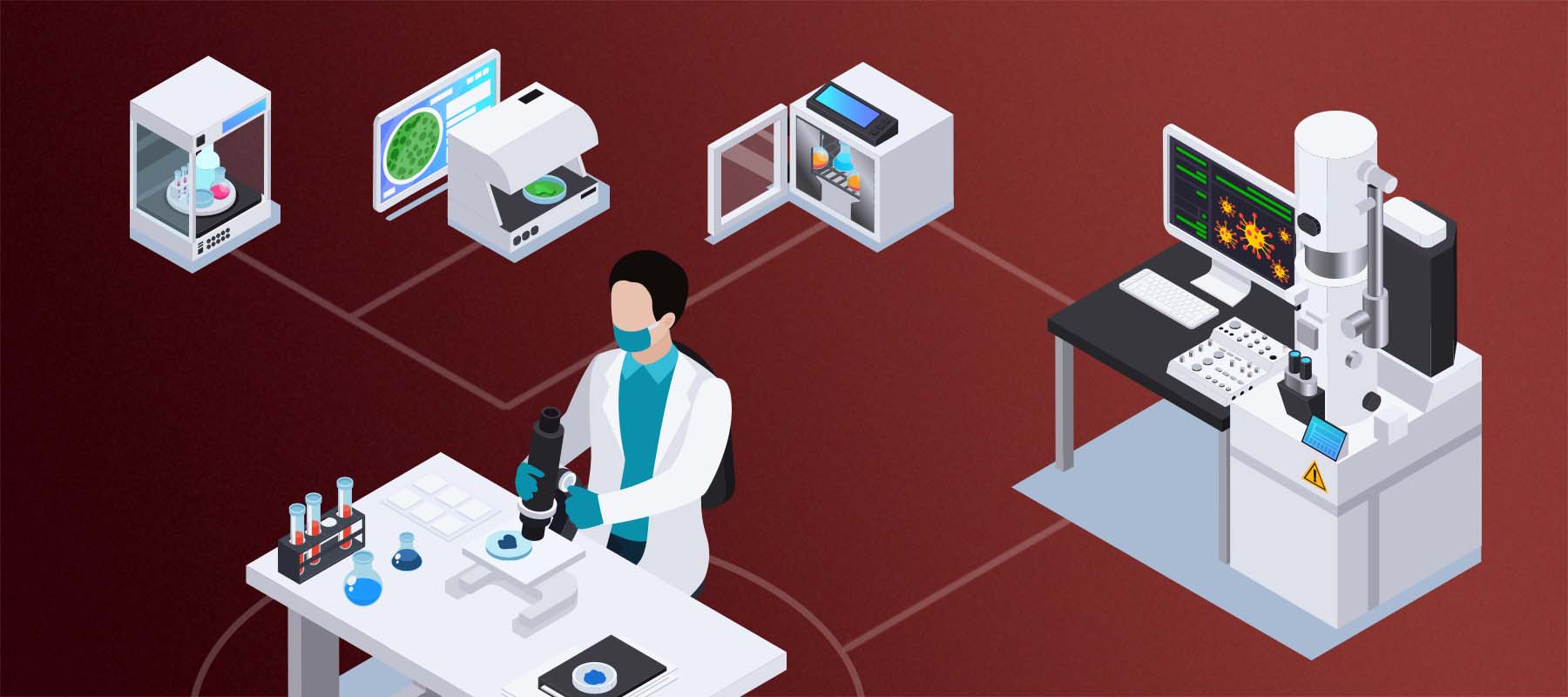 Illustration of lab robots for article on microbiology lab automation.