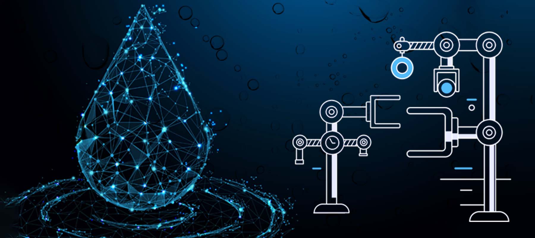 Illustration of water drop and robotic arms for article on liquid handler add-ons.